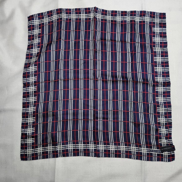 Burberry Silk Scarf Navy Blue Plaid Pattern Silk Sanyo Shokai Japan - Picture 1 of 11